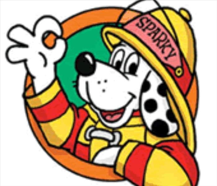 Graphic of Sparky the Fire Dog Dalmatian puppy in firefighter PPE giving the "OK" sign with his fingers